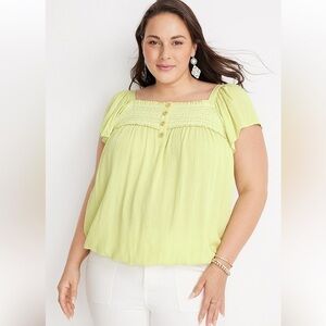 🦋 Maurices Pale Neon Green Short Sleeve Blouse XXL Boho Peasant Casual